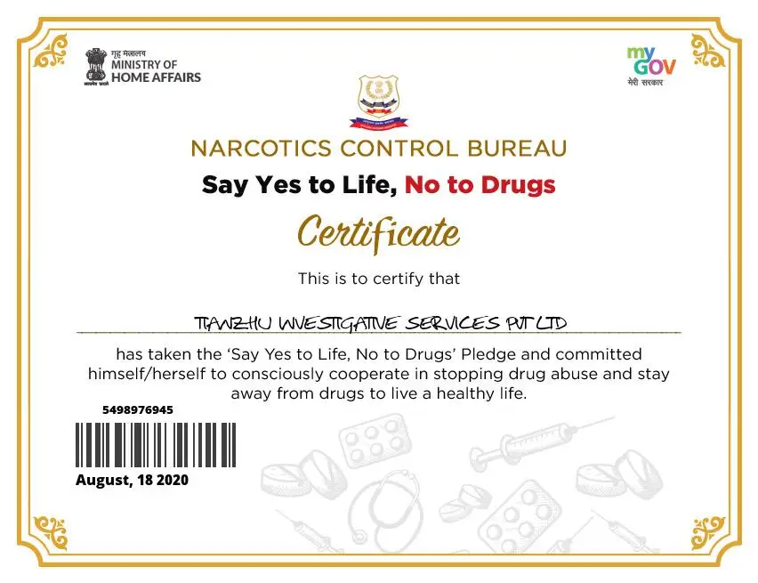 No To Drugs for certificate for Jaipur detective agency.